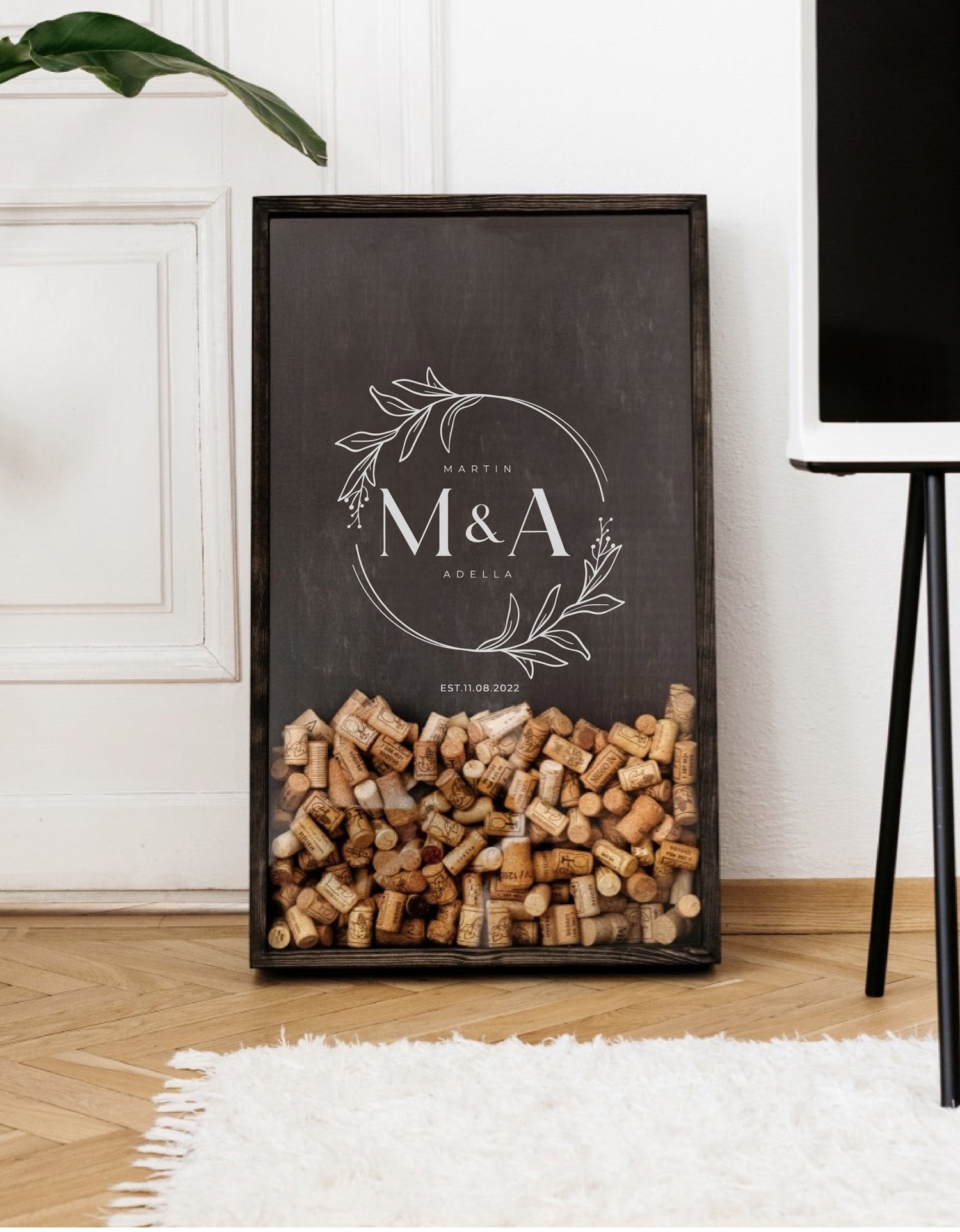 wine-cork-holder-wedding-monogram-black